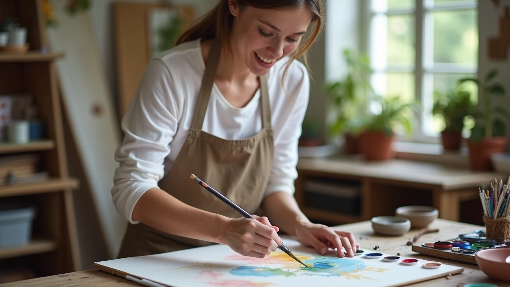 Artist working with watercolour paints in a bright studio space, hands mixing colours on palette with brushes and white paper