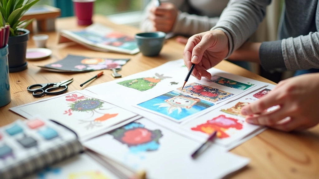 Collage materials spread across a table including coloured paper, magazines, scissors, and glue stick with hands arranging pieces