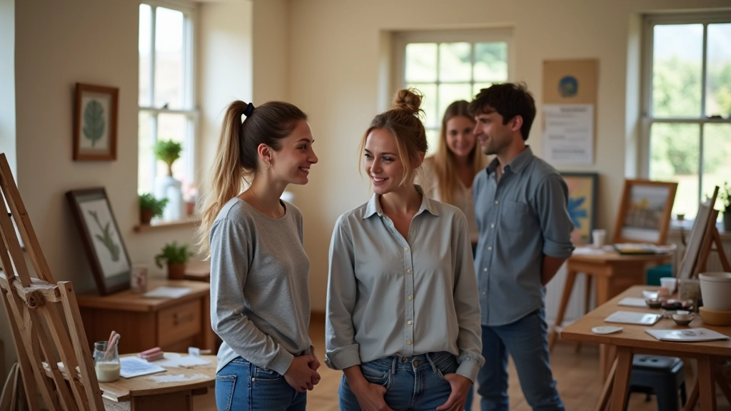 Group of people in art studio gathering before workshop, friendly atmosphere, natural light from large windows, welcoming space